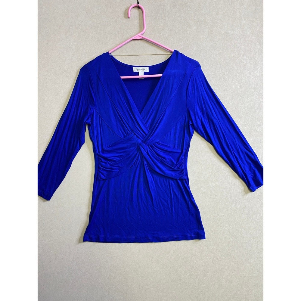 Dressbarn Royal Blue Surplice Twist Front Ruched 3/4 Sleeve Knit Top Small